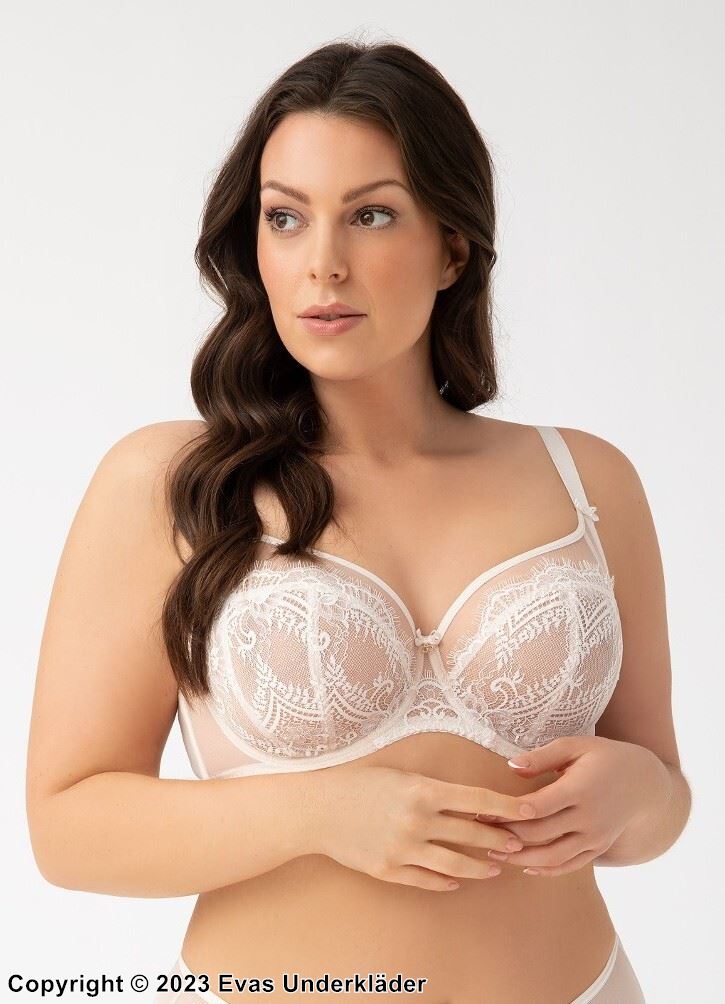 Romantic big cup bra, tulle, sheer inlays, eyelash lace, D to K-cup